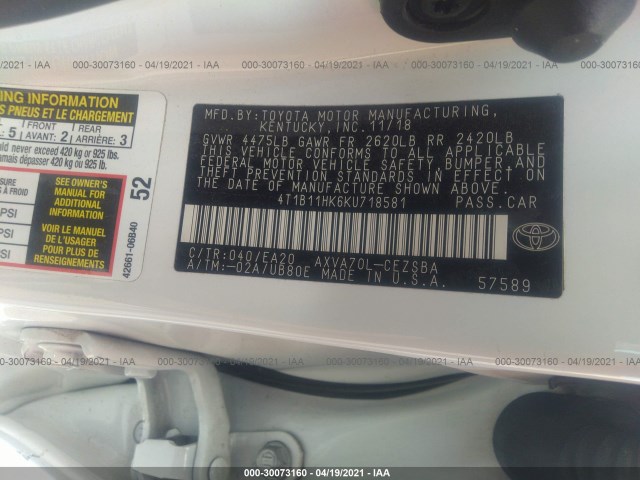 Photo 8 VIN: 4T1B11HK6KU718581 - TOYOTA CAMRY 