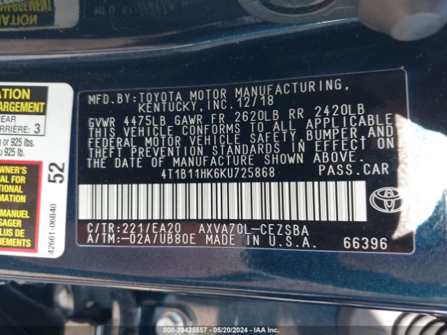 Photo 8 VIN: 4T1B11HK6KU725868 - TOYOTA CAMRY 