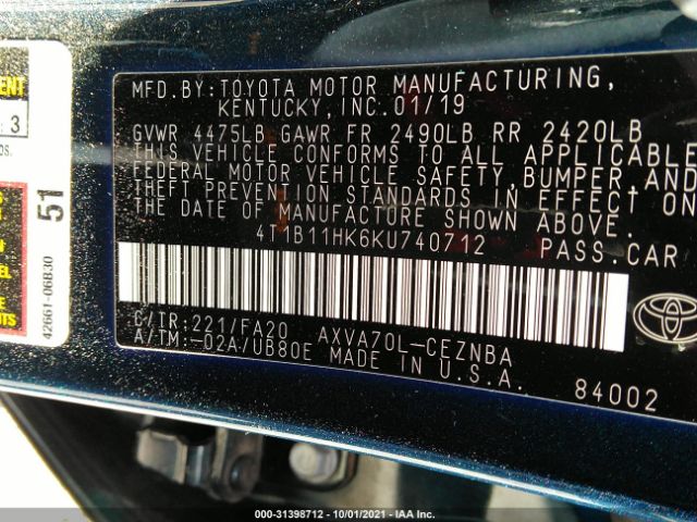 Photo 8 VIN: 4T1B11HK6KU740712 - TOYOTA CAMRY 