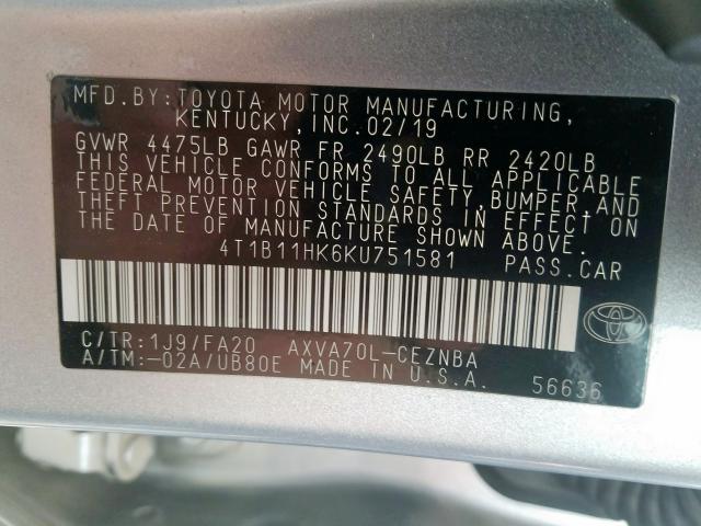 Photo 9 VIN: 4T1B11HK6KU751581 - TOYOTA CAMRY L 