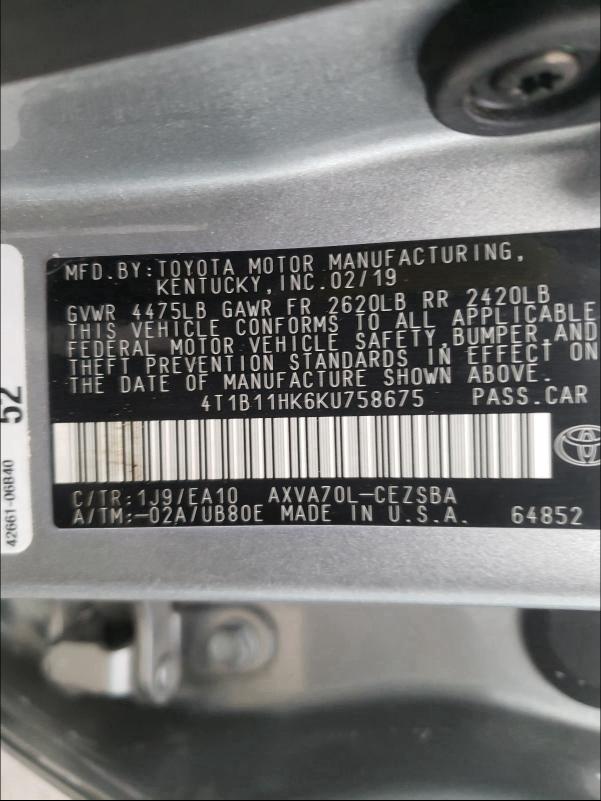 Photo 9 VIN: 4T1B11HK6KU758675 - TOYOTA CAMRY L 