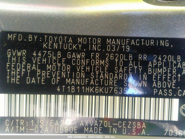 Photo 8 VIN: 4T1B11HK6KU763522 - TOYOTA CAMRY 