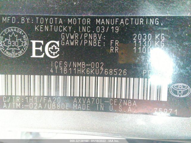 Photo 8 VIN: 4T1B11HK6KU768526 - TOYOTA CAMRY 