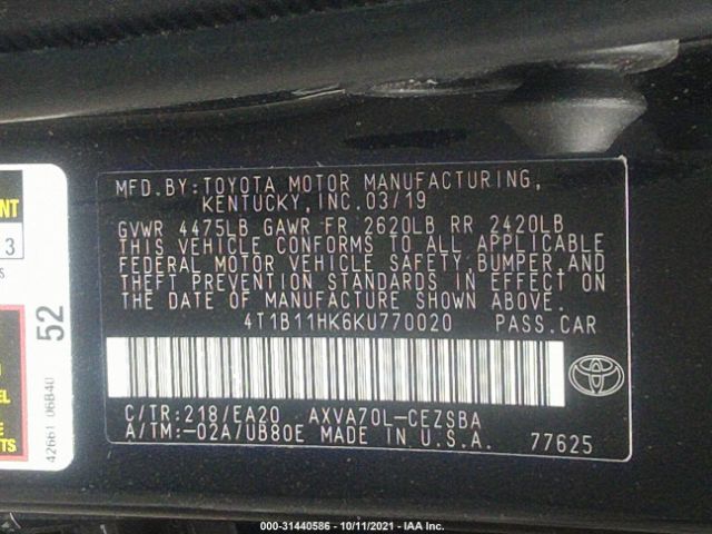 Photo 8 VIN: 4T1B11HK6KU770020 - TOYOTA CAMRY 