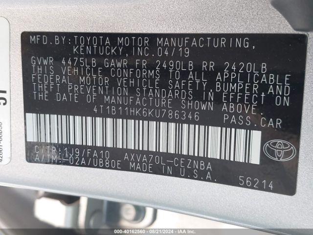 Photo 8 VIN: 4T1B11HK6KU786346 - TOYOTA CAMRY 