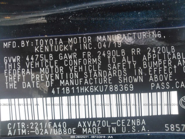 Photo 8 VIN: 4T1B11HK6KU788369 - TOYOTA CAMRY 