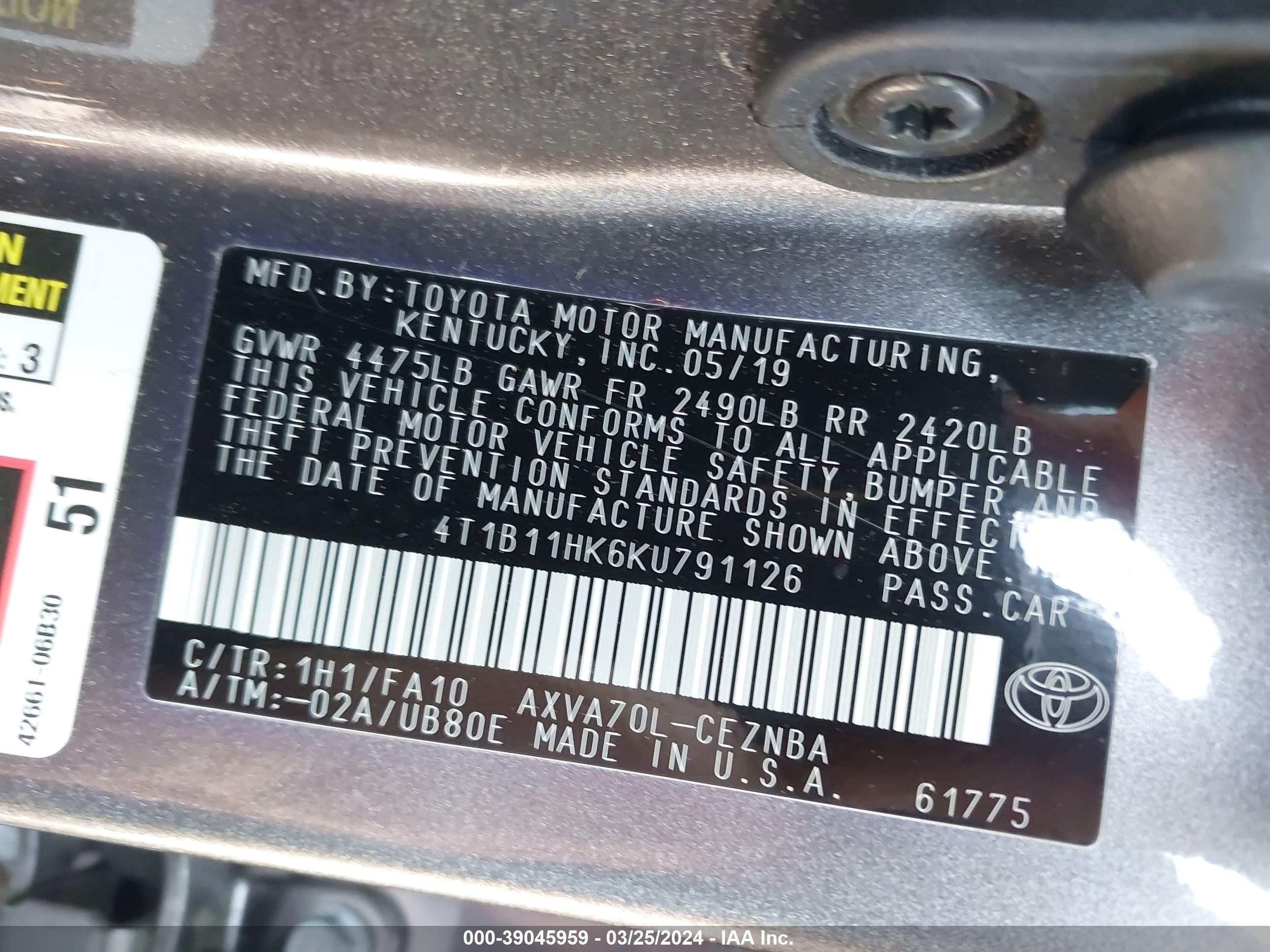 Photo 8 VIN: 4T1B11HK6KU791126 - TOYOTA CAMRY 