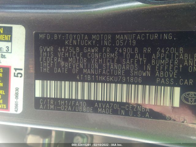 Photo 8 VIN: 4T1B11HK6KU791806 - TOYOTA CAMRY 