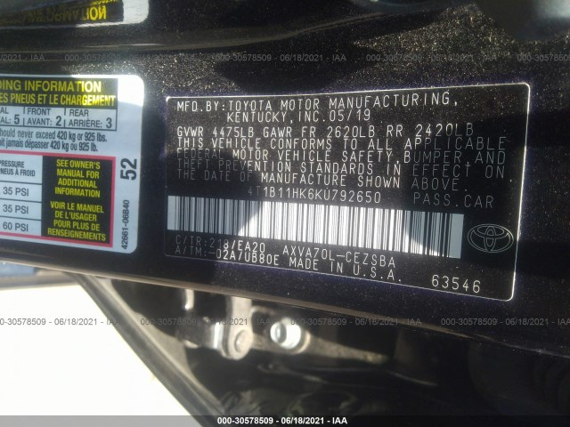 Photo 8 VIN: 4T1B11HK6KU792650 - TOYOTA CAMRY 