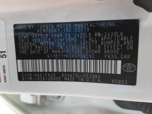 Photo 9 VIN: 4T1B11HK6KU794592 - TOYOTA CAMRY L 