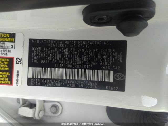 Photo 8 VIN: 4T1B11HK6KU796195 - TOYOTA CAMRY 