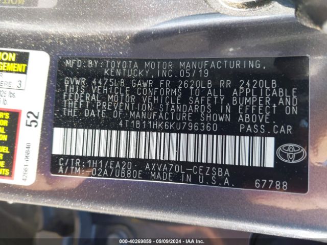 Photo 8 VIN: 4T1B11HK6KU796360 - TOYOTA CAMRY 