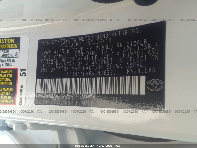 Photo 8 VIN: 4T1B11HK6KU816333 - TOYOTA CAMRY 