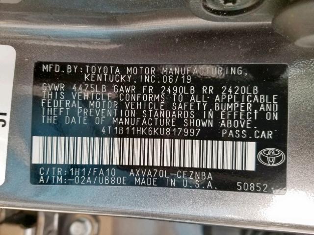 Photo 9 VIN: 4T1B11HK6KU817997 - TOYOTA CAMRY L 