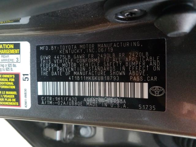 Photo 9 VIN: 4T1B11HK6KU818793 - TOYOTA CAMRY L 