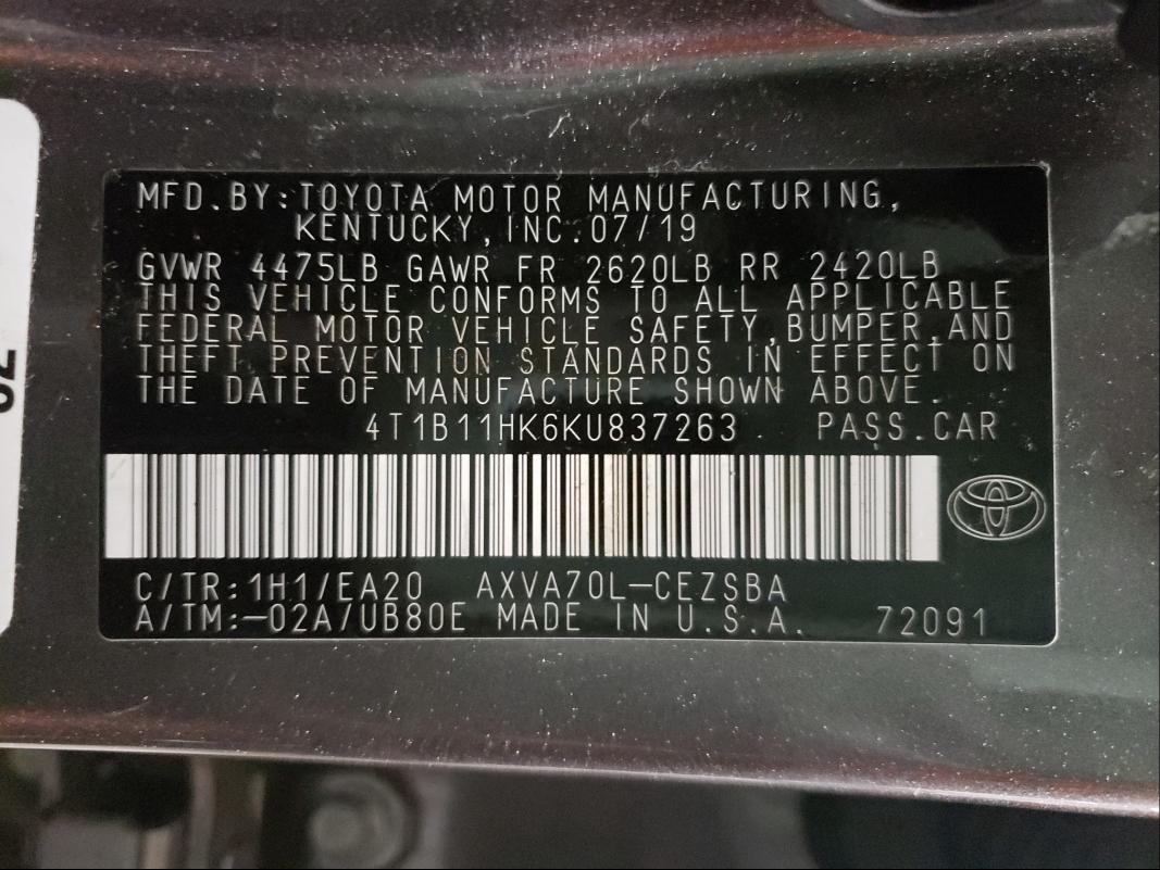 Photo 9 VIN: 4T1B11HK6KU837263 - TOYOTA CAMRY SE 