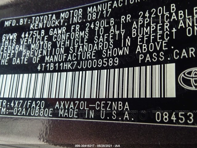 Photo 8 VIN: 4T1B11HK7JU009589 - TOYOTA CAMRY 