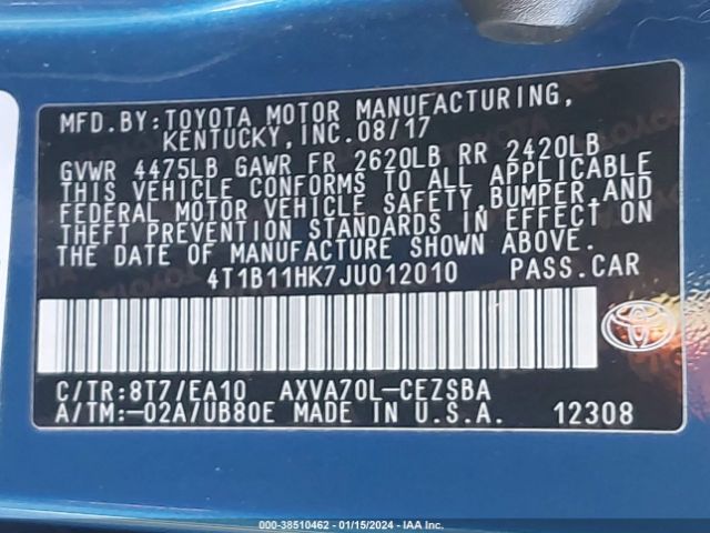 Photo 8 VIN: 4T1B11HK7JU012010 - TOYOTA CAMRY 