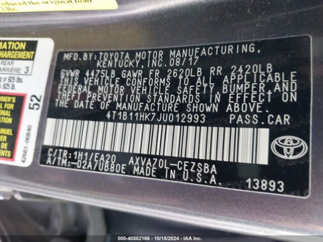 Photo 8 VIN: 4T1B11HK7JU012993 - TOYOTA CAMRY 