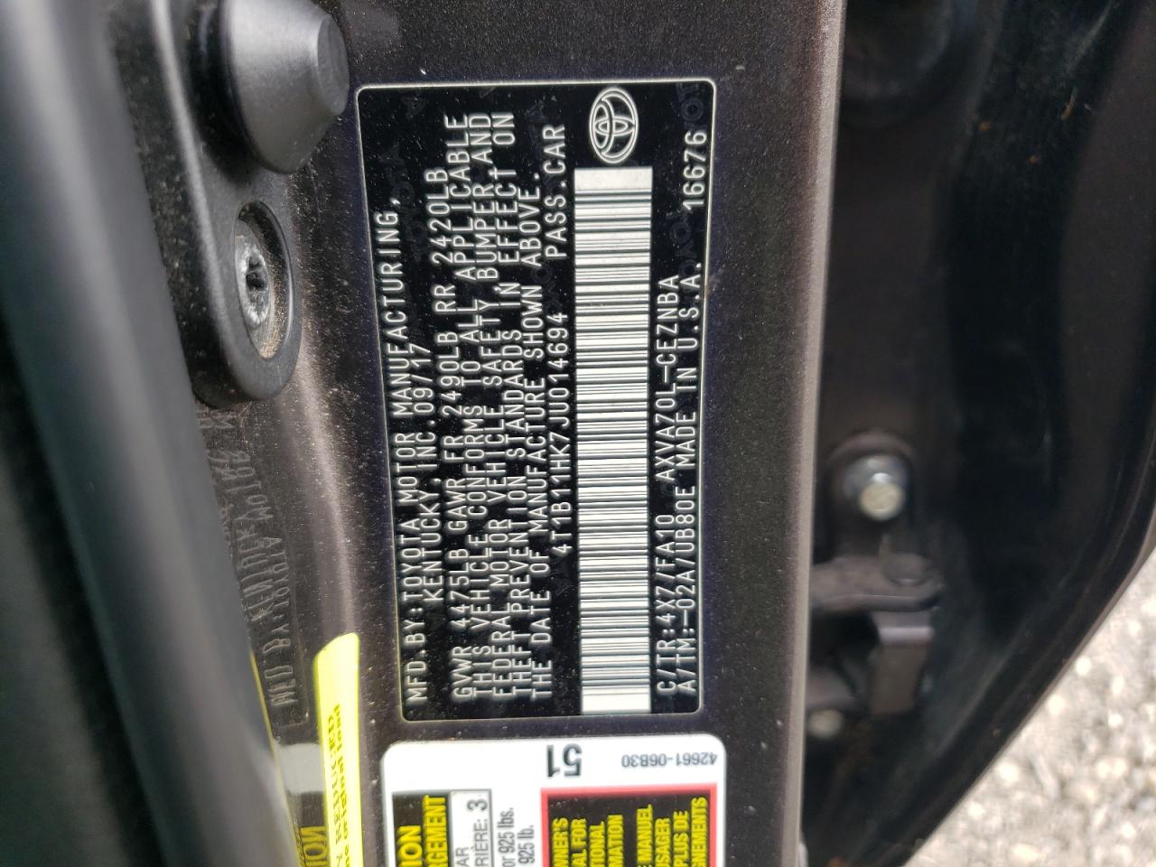 Photo 11 VIN: 4T1B11HK7JU014694 - TOYOTA CAMRY 