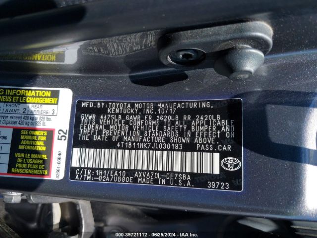 Photo 8 VIN: 4T1B11HK7JU030183 - TOYOTA CAMRY 