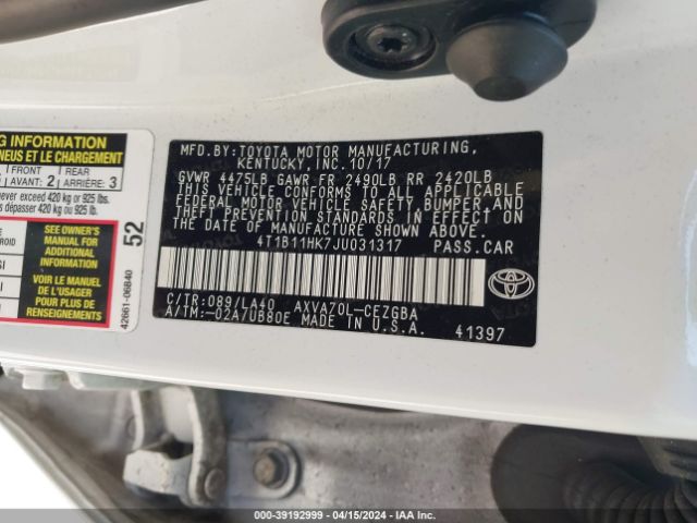 Photo 8 VIN: 4T1B11HK7JU031317 - TOYOTA CAMRY 