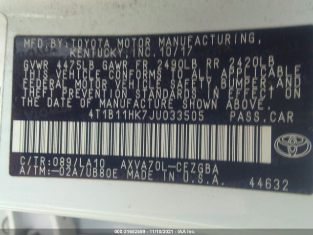 Photo 8 VIN: 4T1B11HK7JU033505 - TOYOTA CAMRY 