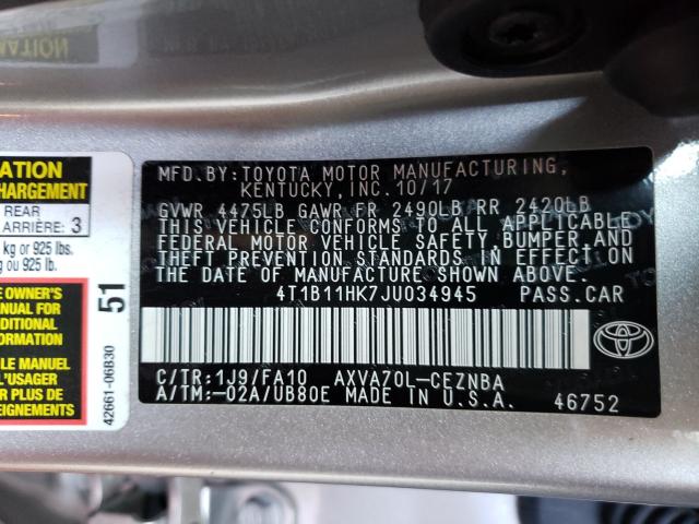 Photo 9 VIN: 4T1B11HK7JU034945 - TOYOTA CAMRY L 