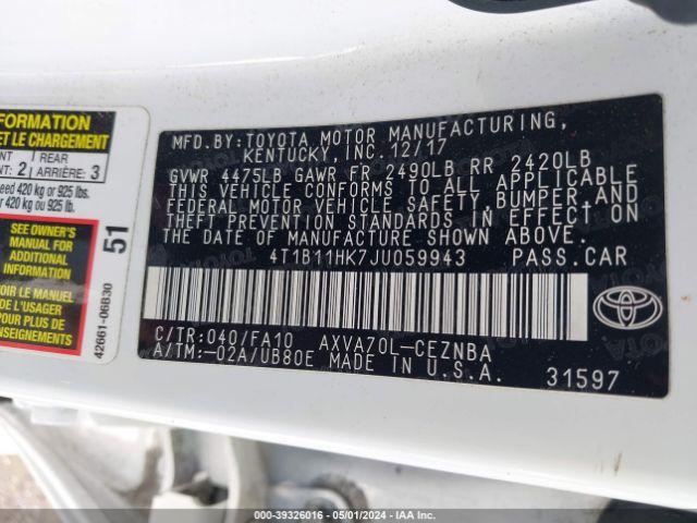 Photo 8 VIN: 4T1B11HK7JU059943 - TOYOTA CAMRY 