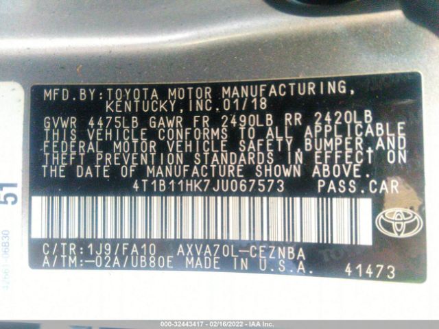 Photo 8 VIN: 4T1B11HK7JU067573 - TOYOTA CAMRY 