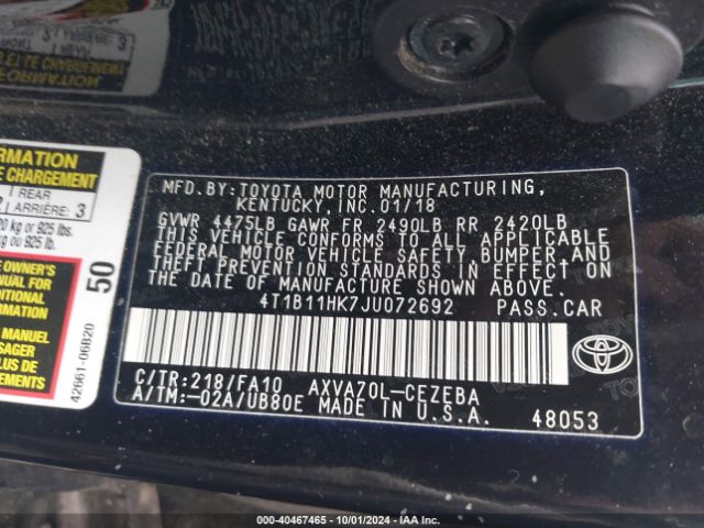 Photo 8 VIN: 4T1B11HK7JU072692 - TOYOTA CAMRY 