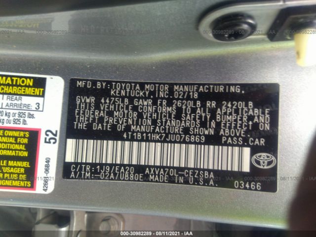 Photo 8 VIN: 4T1B11HK7JU076869 - TOYOTA CAMRY 