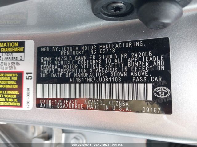 Photo 8 VIN: 4T1B11HK7JU081103 - TOYOTA CAMRY 