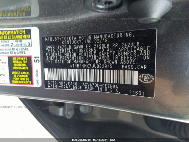 Photo 8 VIN: 4T1B11HK7JU082915 - TOYOTA CAMRY 