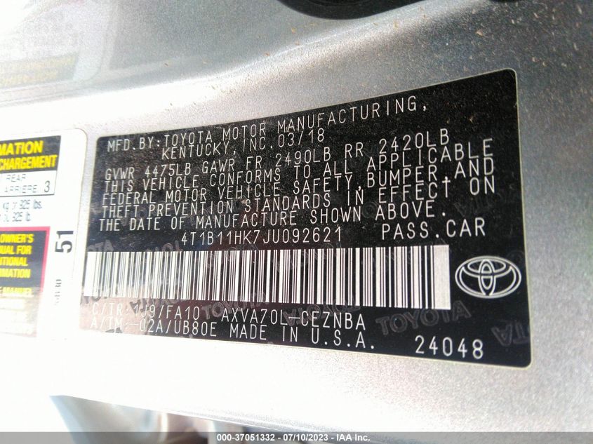 Photo 8 VIN: 4T1B11HK7JU092621 - TOYOTA CAMRY 