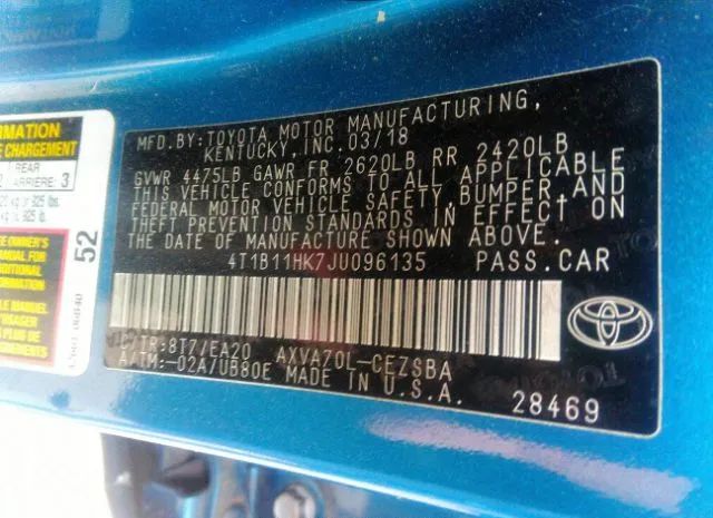 Photo 8 VIN: 4T1B11HK7JU096135 - TOYOTA CAMRY 