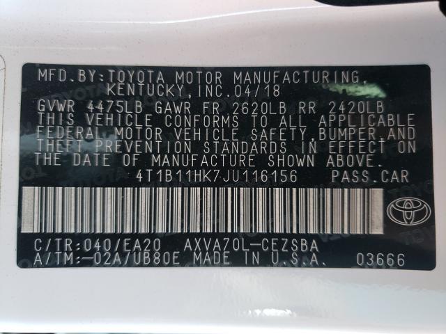 Photo 9 VIN: 4T1B11HK7JU116156 - TOYOTA CAMRY L 