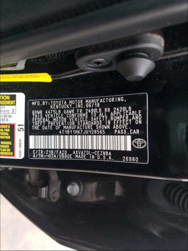 Photo 9 VIN: 4T1B11HK7JU128565 - TOYOTA CAMRY L 