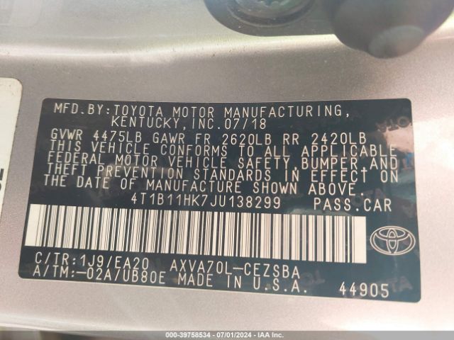 Photo 8 VIN: 4T1B11HK7JU138299 - TOYOTA CAMRY 