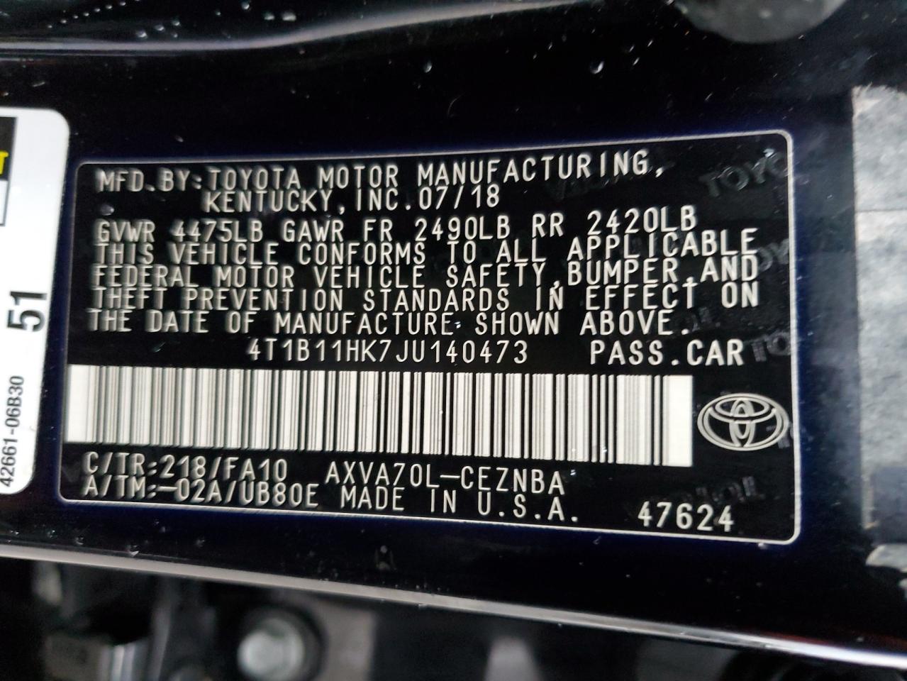 Photo 11 VIN: 4T1B11HK7JU140473 - TOYOTA CAMRY 