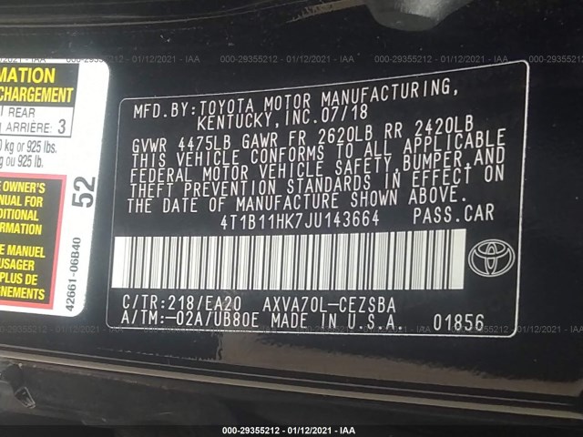 Photo 8 VIN: 4T1B11HK7JU143664 - TOYOTA CAMRY 