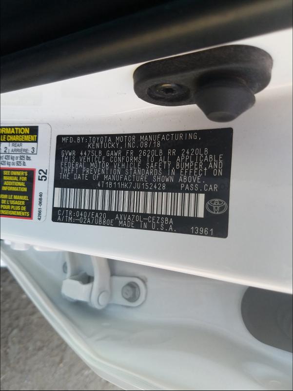 Photo 9 VIN: 4T1B11HK7JU152428 - TOYOTA CAMRY L 