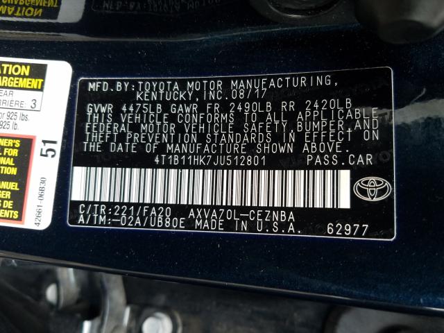 Photo 9 VIN: 4T1B11HK7JU512801 - TOYOTA CAMRY L 