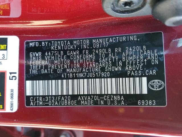 Photo 11 VIN: 4T1B11HK7JU517920 - TOYOTA CAMRY L 