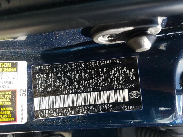 Photo 9 VIN: 4T1B11HK7JU531378 - TOYOTA CAMRY L 