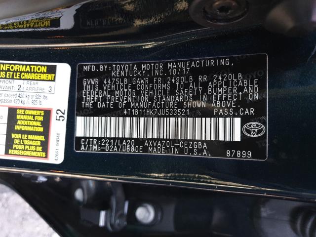 Photo 9 VIN: 4T1B11HK7JU533521 - TOYOTA CAMRY L 