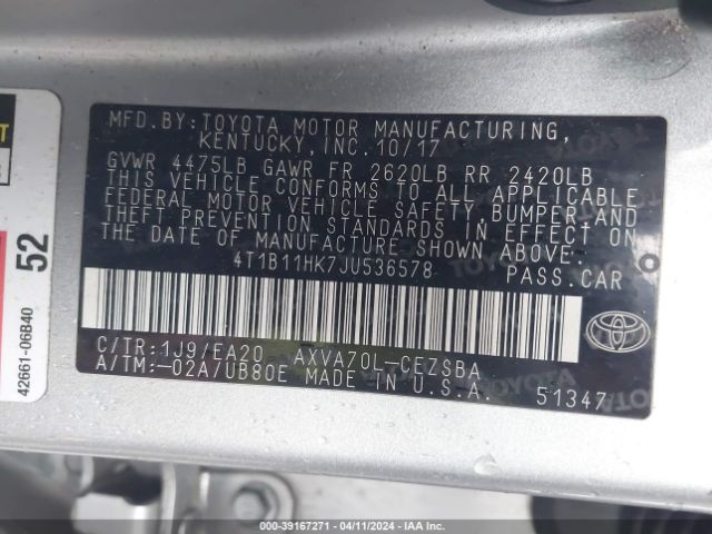 Photo 8 VIN: 4T1B11HK7JU536578 - TOYOTA CAMRY 