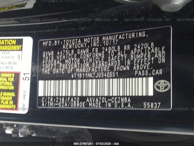 Photo 8 VIN: 4T1B11HK7JU540551 - TOYOTA CAMRY 