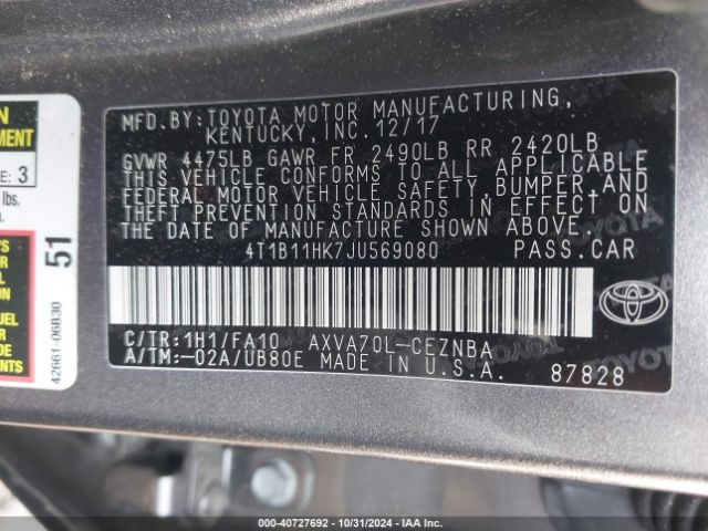 Photo 8 VIN: 4T1B11HK7JU569080 - TOYOTA CAMRY 