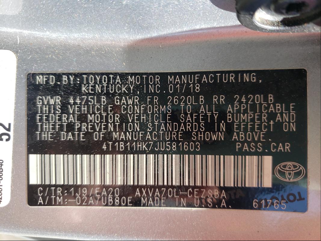 Photo 9 VIN: 4T1B11HK7JU581603 - TOYOTA CAMRY L 